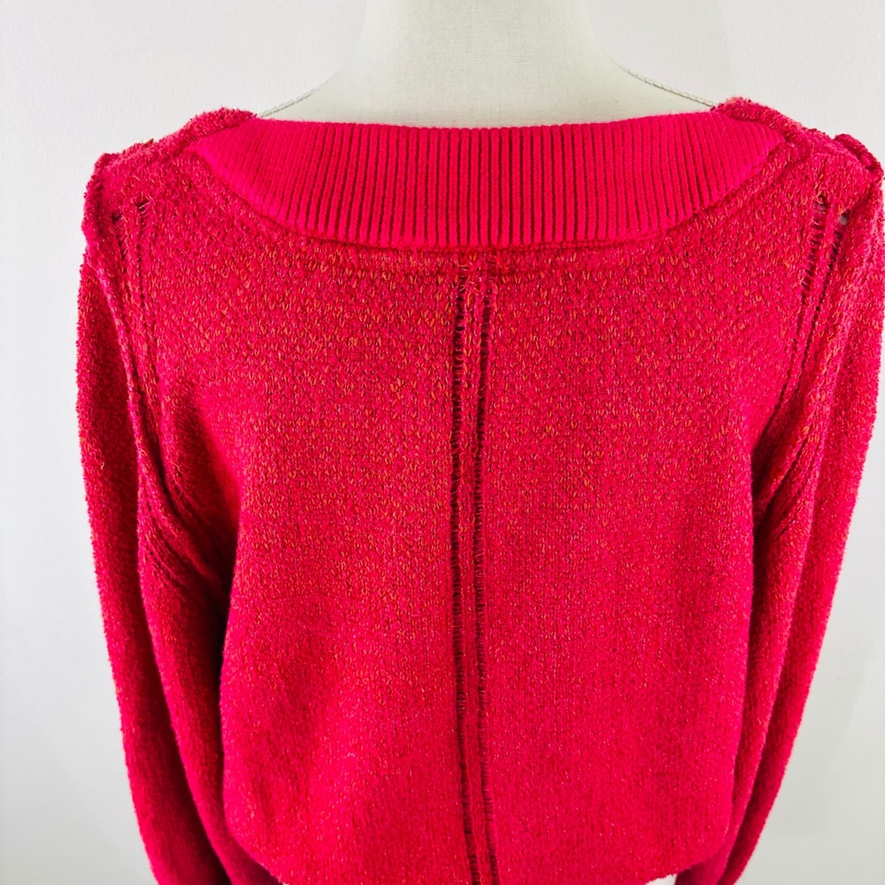Free People Red V-Neck Balloon Sleeve Pointelle Pullover Sweater Large - Picture 5 of 9